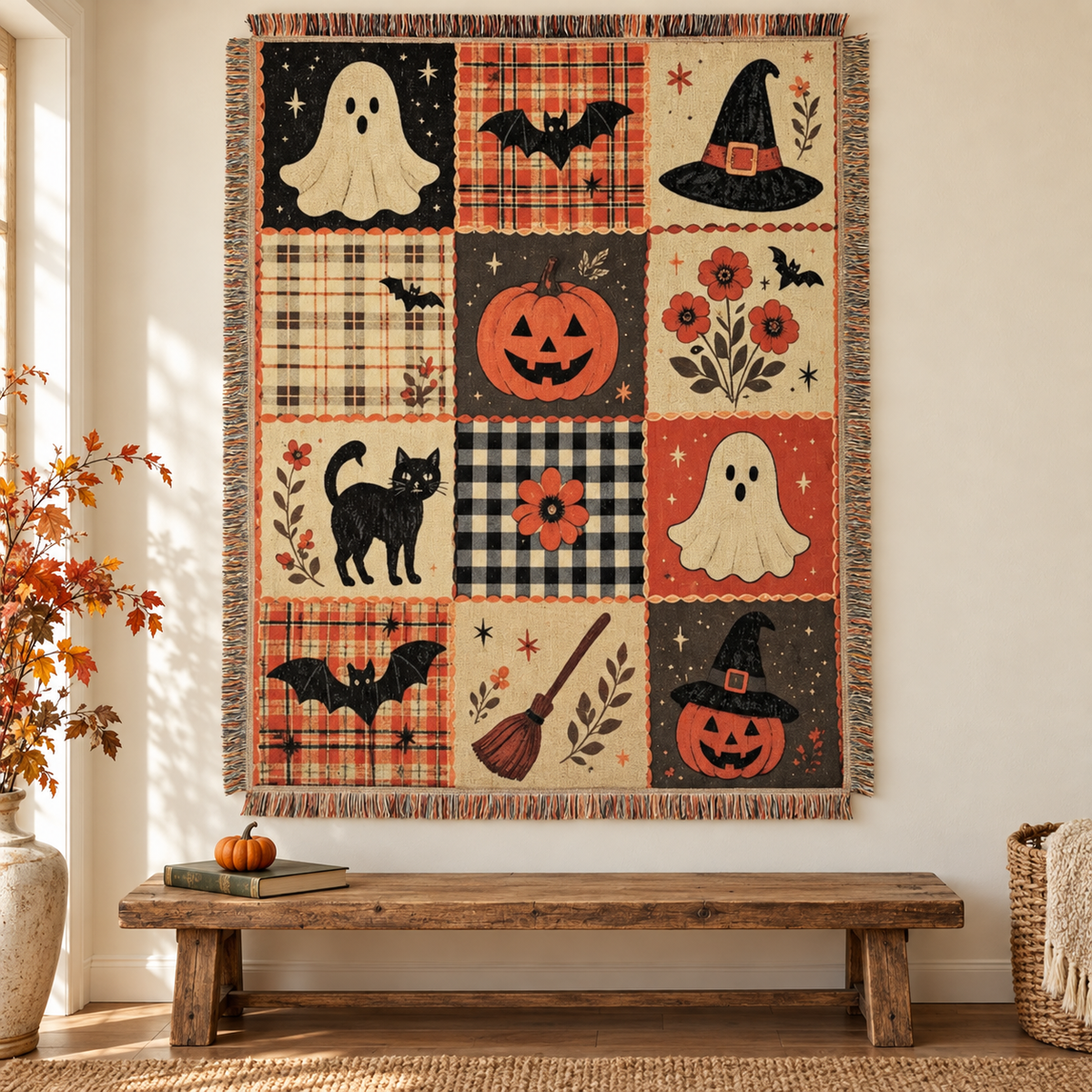 Halloween tapestry hanging above a wooden bench