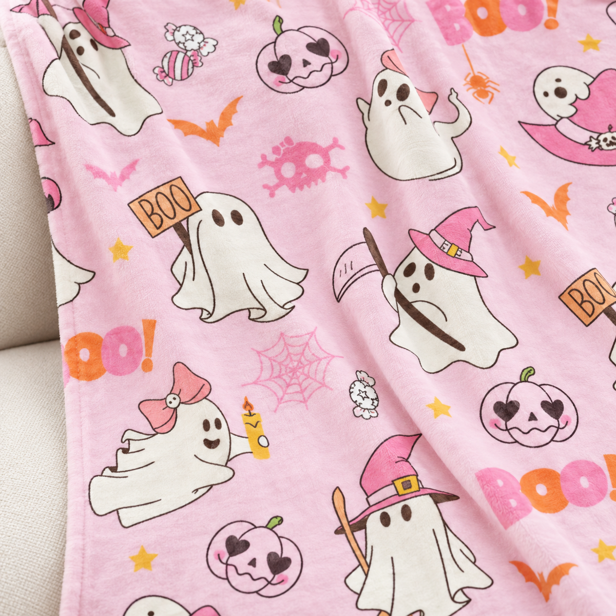 Close view of the lightweight pink flannel ghost pattern