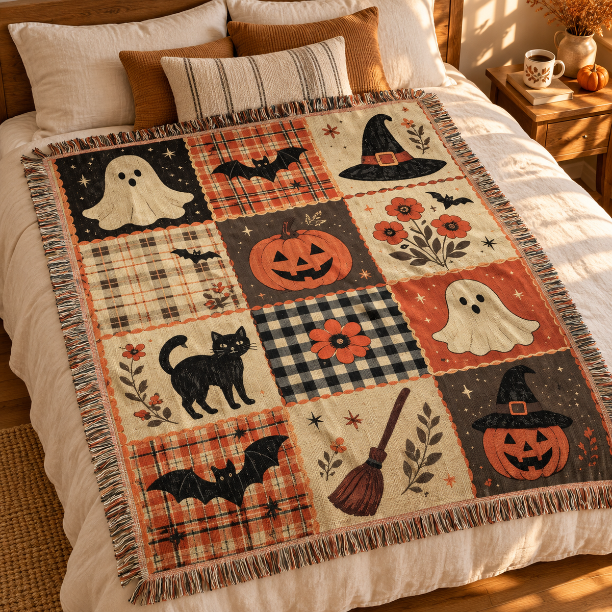 Halloween patchwork throw styled diagonally across a bed