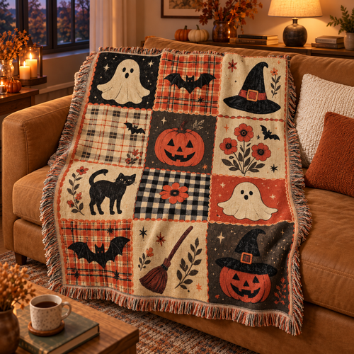 Halloween patchwork throw on a caramel sofa in a warm autumn living room