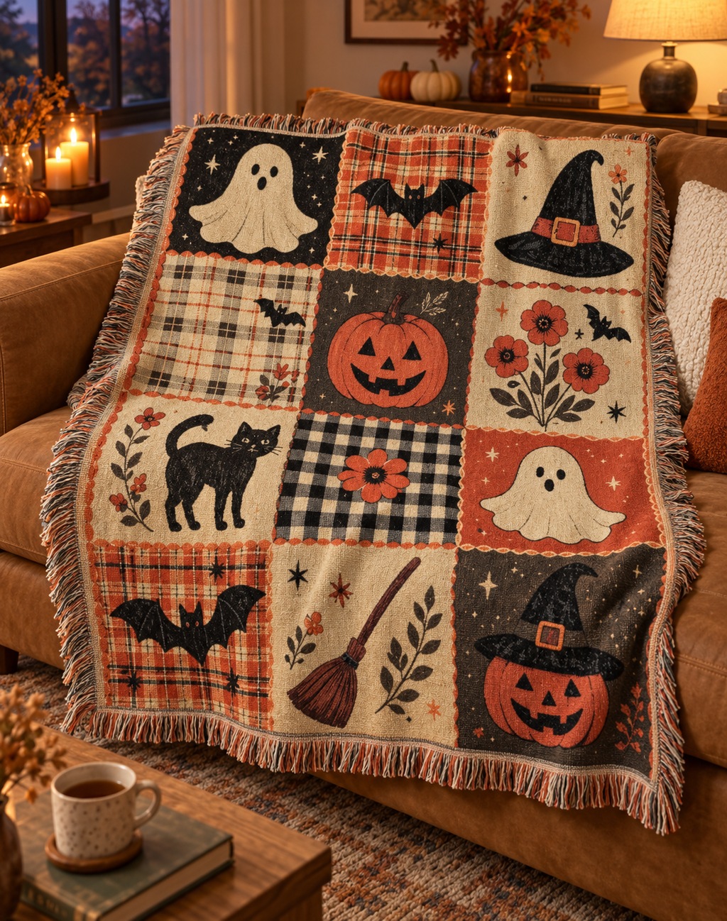Halloween throw on a caramel sofa in a warm autumn living room