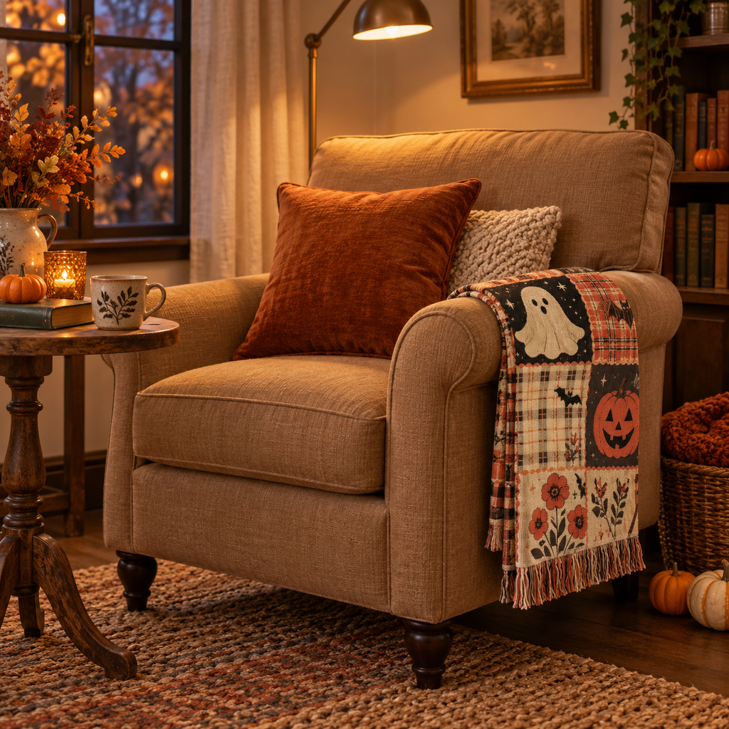 Halloween throw folded over a chair arm in a cozy autumn reading nook