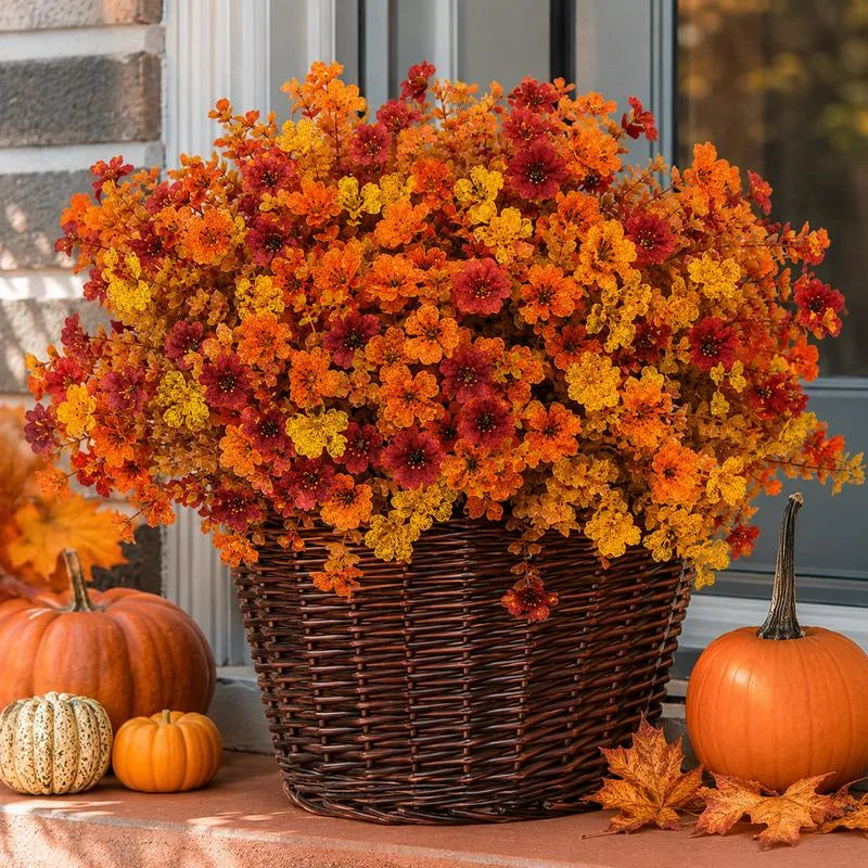 Artificial autumn flowers arranged in a woven planter; planter and decorations not included