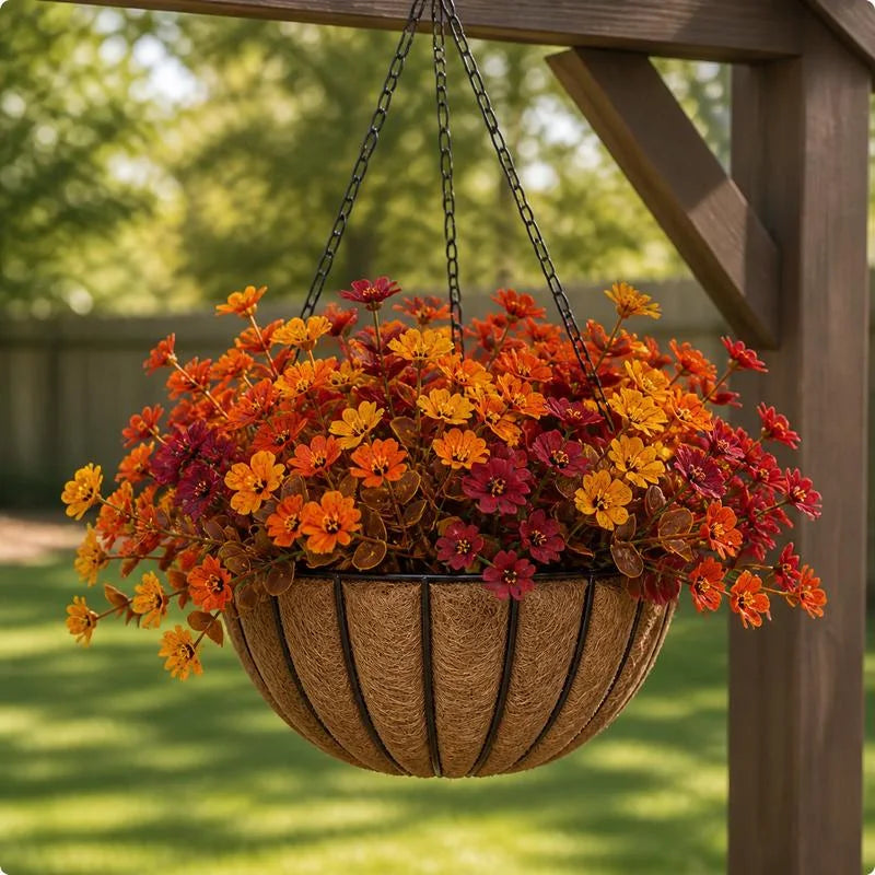 Artificial autumn flowers in a hanging basket; basket and hardware not included