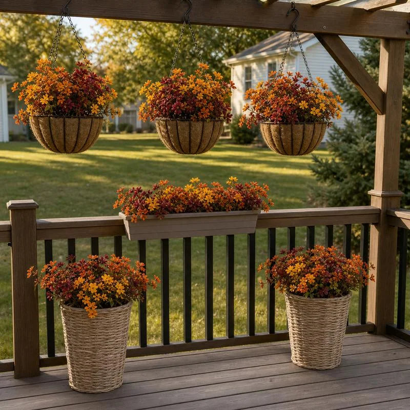 Autumn flower arrangements decorating a porch; styling inspiration