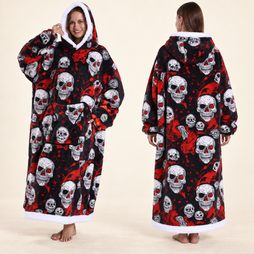 Haunted Hugs crimson skulls blanket hoodie, front and back views