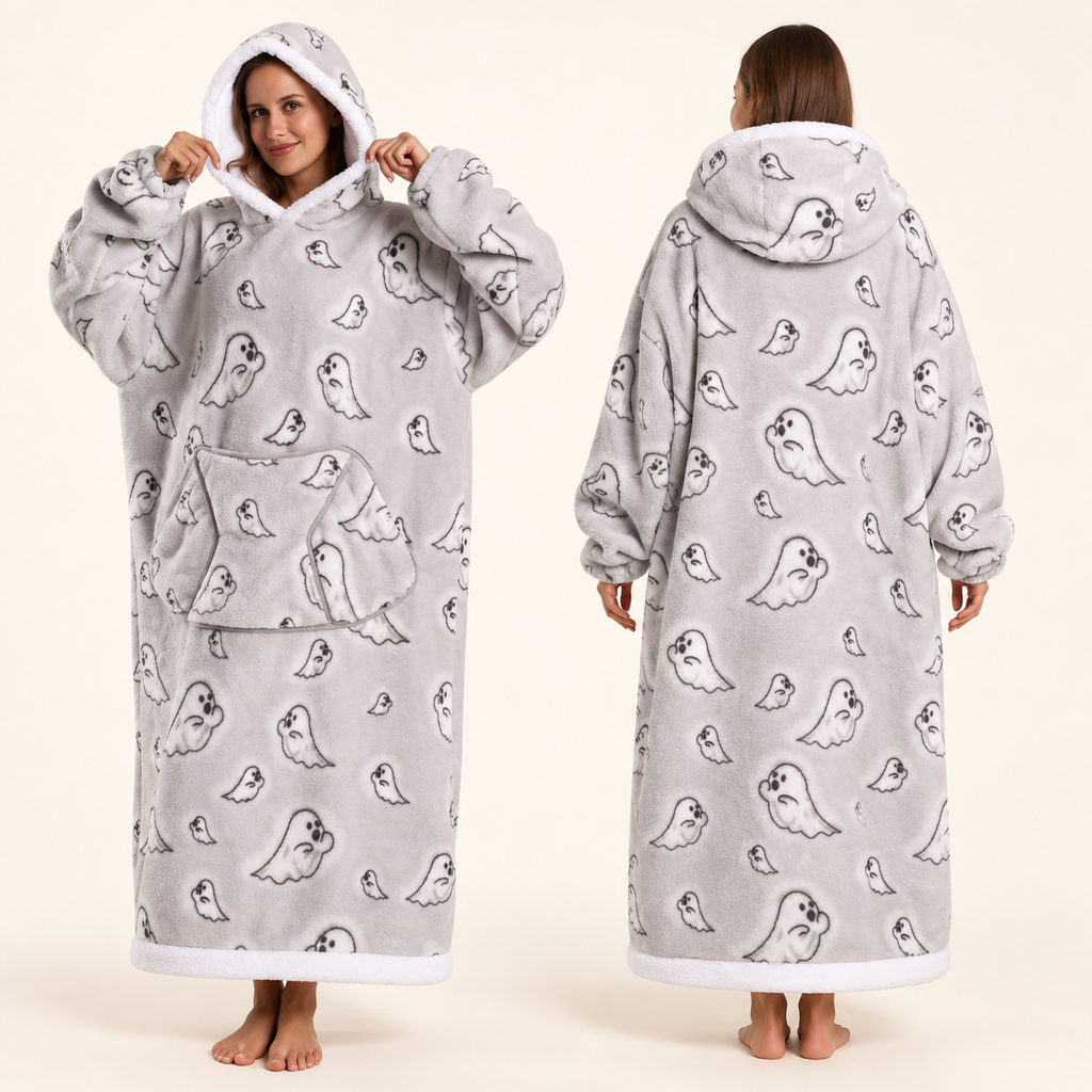 Haunted Hugs friendly ghosts blanket hoodie, front and back views
