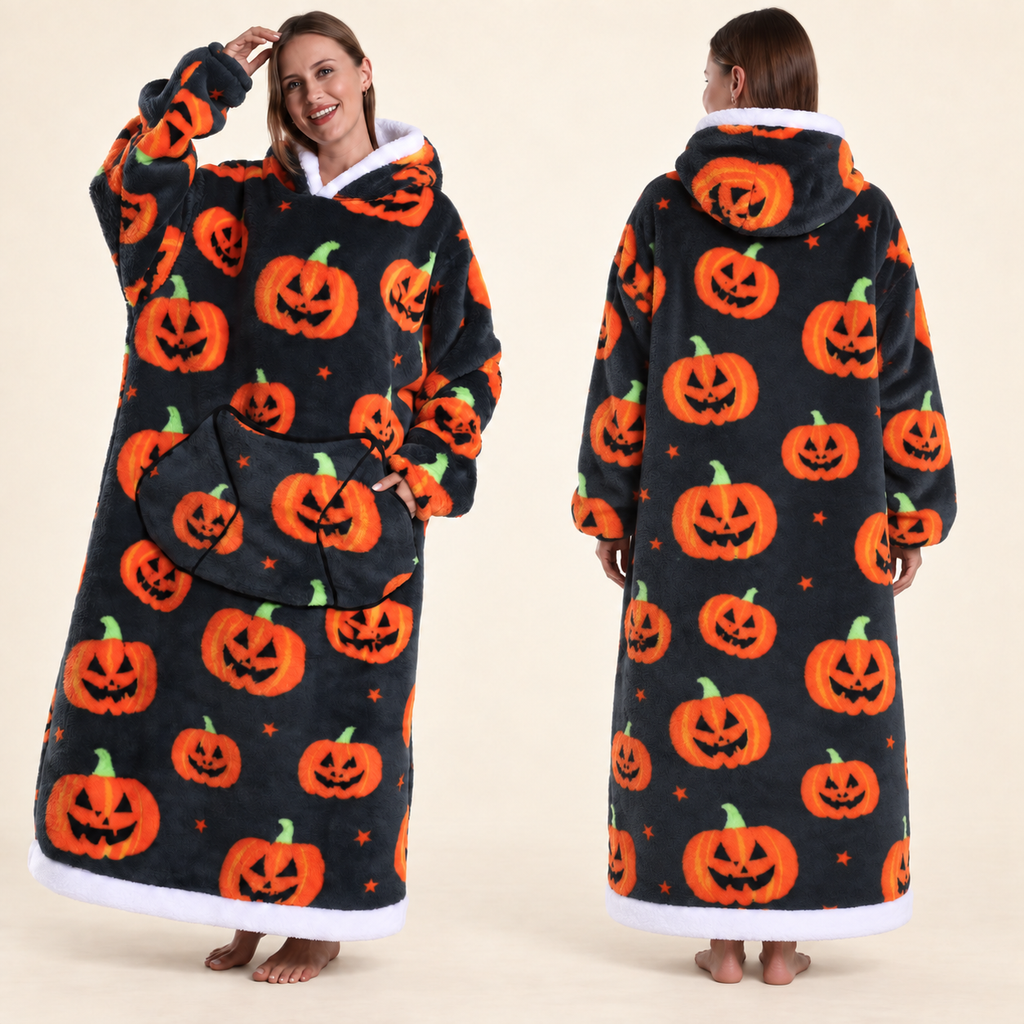 Haunted Hugs Pumpkin Patch blanket hoodie, front and back views