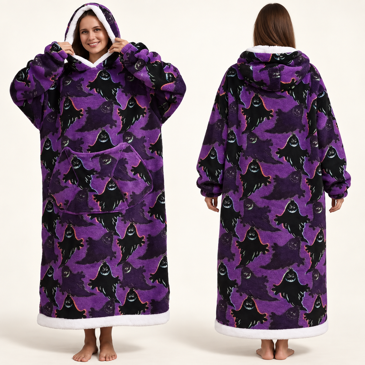 Haunted Hugs Purple Phantom blanket hoodie, front and back views