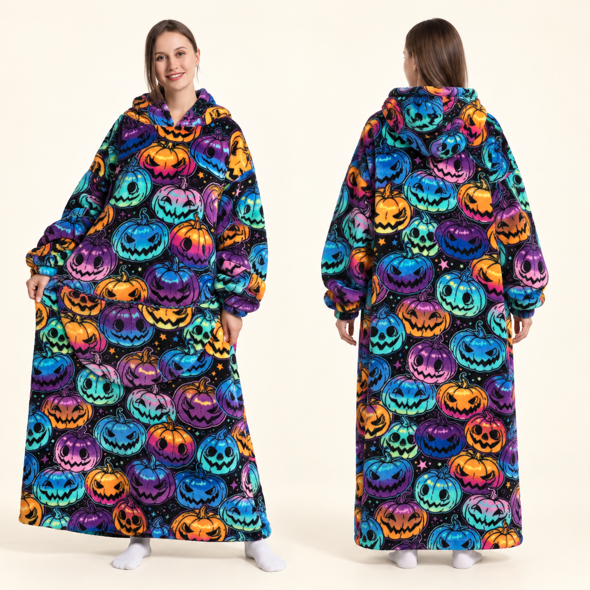 Haunted Hugs rainbow pumpkins blanket hoodie, front and back views