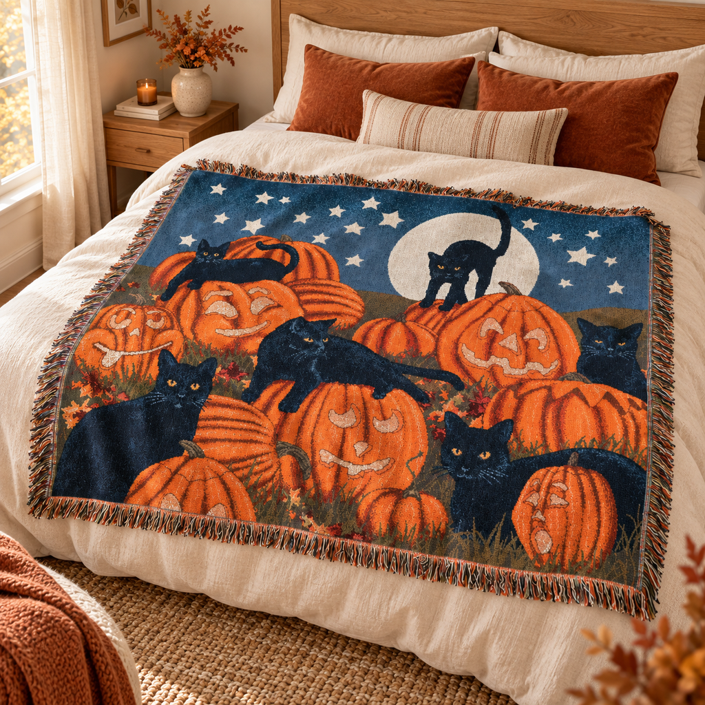 Moonlit Pumpkin Throw Blanket spread across a cream bed