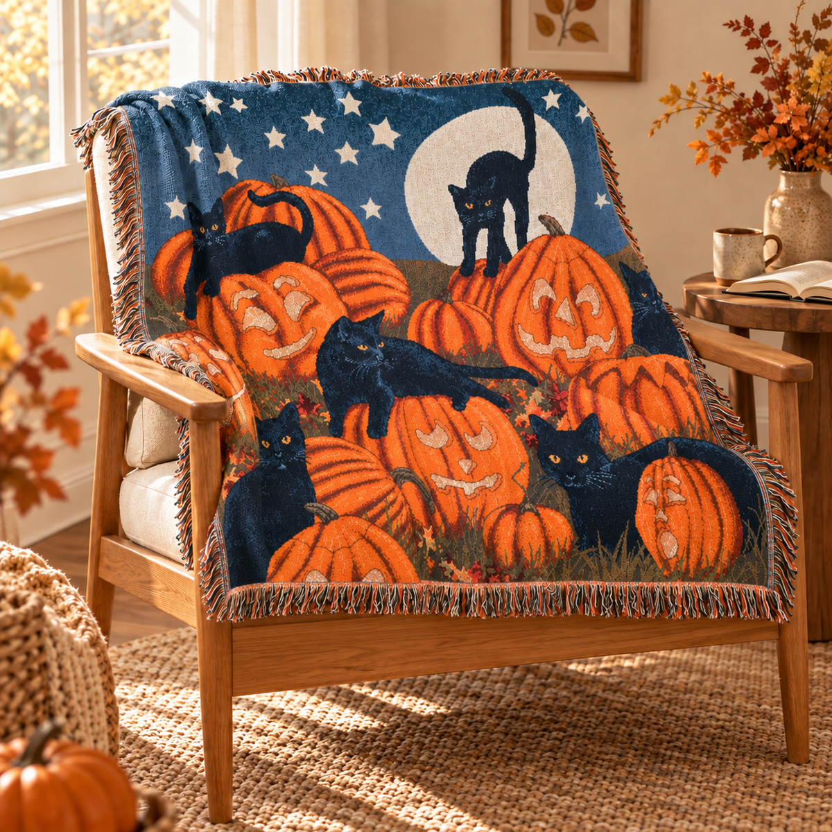 Moonlit Pumpkin Throw draped over an oak chair in an autumn reading nook