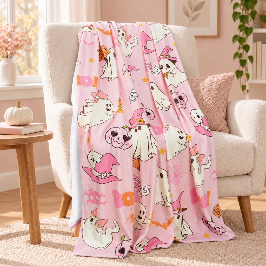 Pink Boo Crew lightweight ghost-print blanket — chair