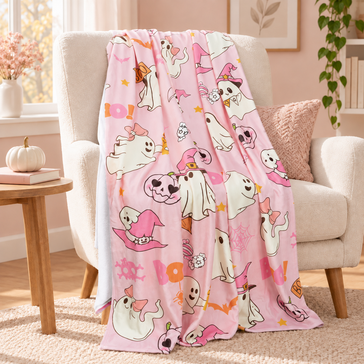Pink Boo Crew Blanket draped over a cream chair