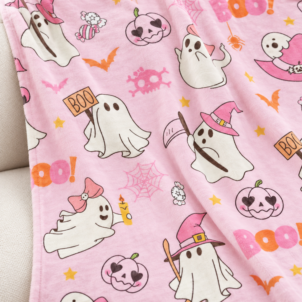 Pink Boo Crew lightweight ghost-print blanket — detail