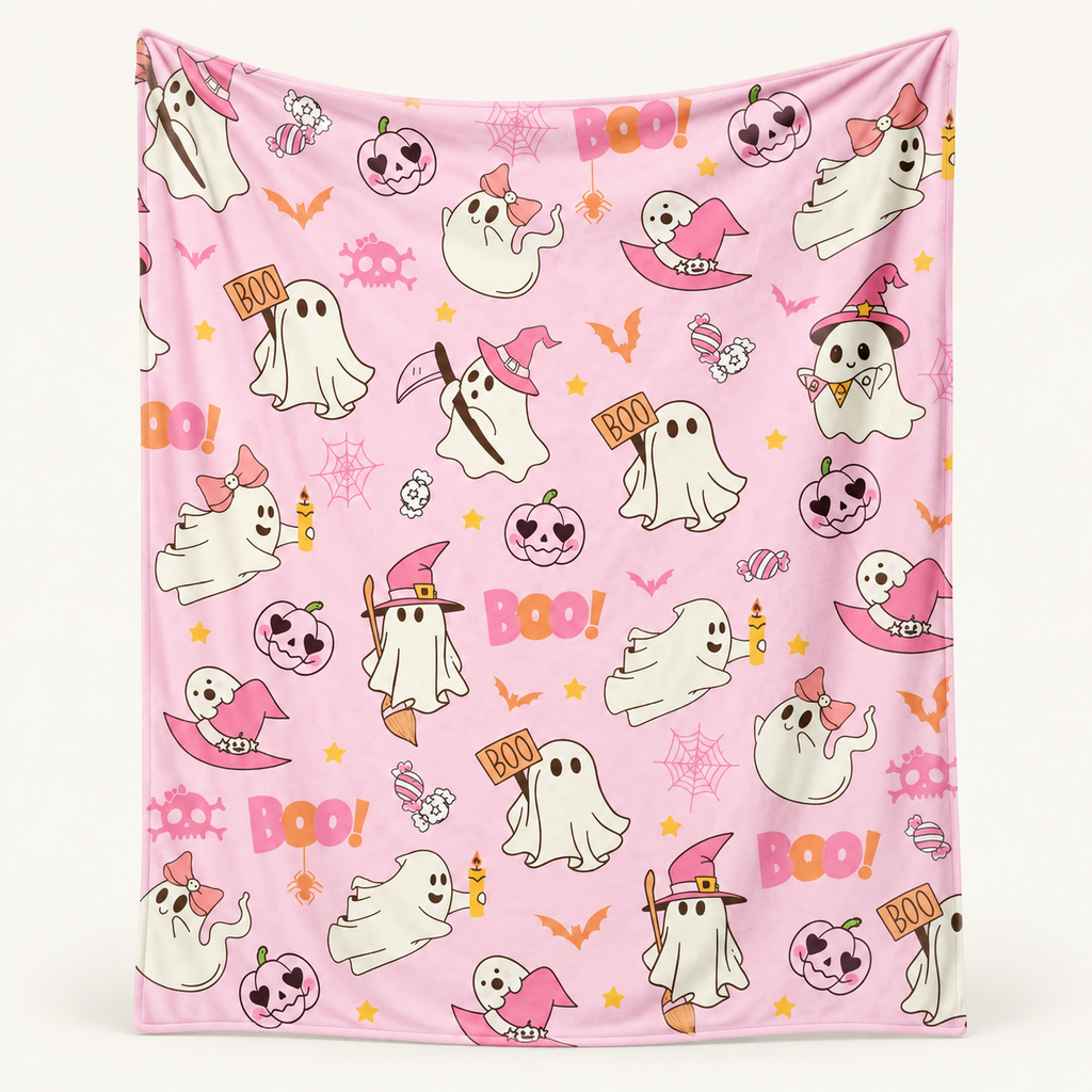 Pink Boo Crew lightweight ghost-print blanket — full-pattern