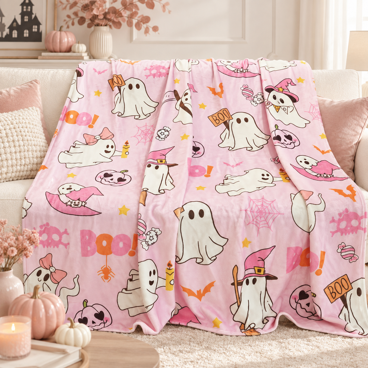 Pink Boo Crew lightweight ghost-print blanket — sofa